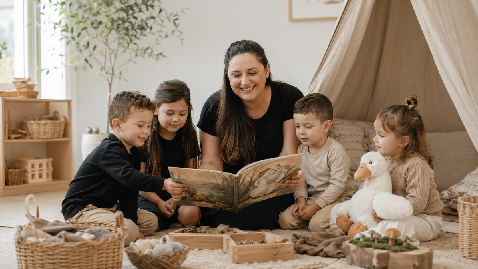Ms. Goose reading a storybook with children gathered close